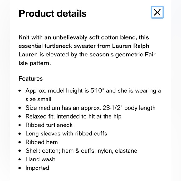 Ralph Lauren Fair Isle Cotton-Blend Turtleneck Sweater Size Small. - Picture 7 of 7